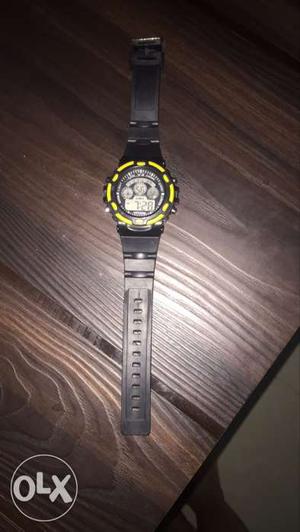 Round Black Digital Watch With Black Rubber Strap