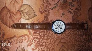 Round White Chronograph Watch With Brown Leather Strap