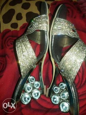 Silver And Gray Open-toe Wedges