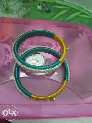 Two Green And Yellow Silk Bangles