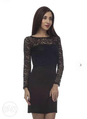 Women's Black Laced Long-sleeved Mini Dress