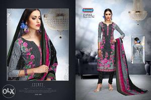 Women's Gray-black-pink Floral Sari Set