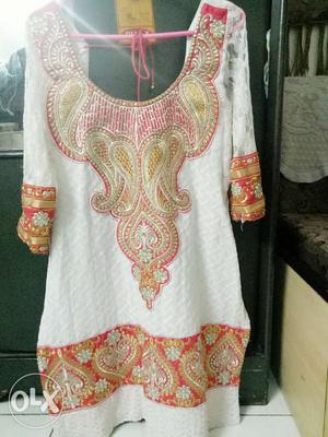 Women's Red Brown And White Long-sleeved Dress