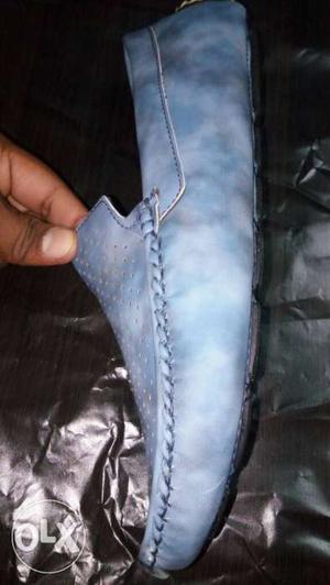 Blue And White Leather Slip On Shoe