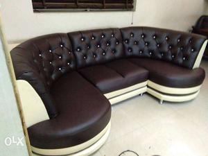 Brown And White Leather Tufted Sofa
