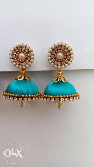 Gold-and-teal Pendant Earrings