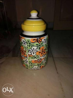 Green, Orange, And Yellow Floral Ceramic Jar