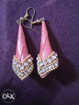 Pair Of Pink Diamond Encrusted Hook Earrings