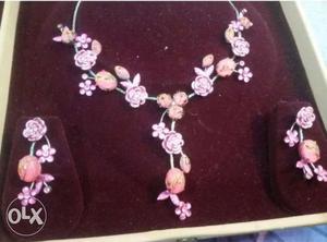 Pink And Brown Floral Necklace With Pair Of Earrings In Box
