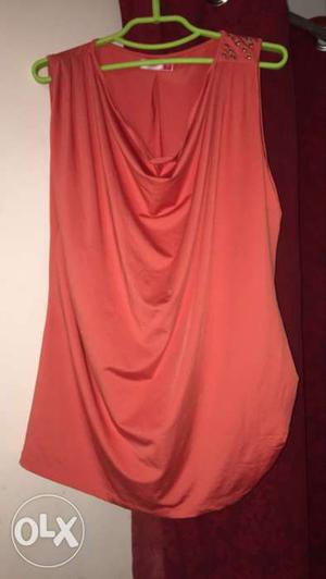 Red Plunging Neckline Sleeveless Blouse