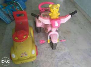 Toddler's Pink Trike And Red-and-yellow Car Ride-on Toys