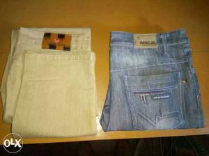 Two Beige And Blue Denim Pants