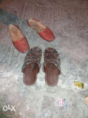 Two Pair Of Brown And Red Footwears