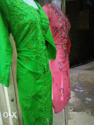 Two Pink And Green Long Sleeve Midi Dresses