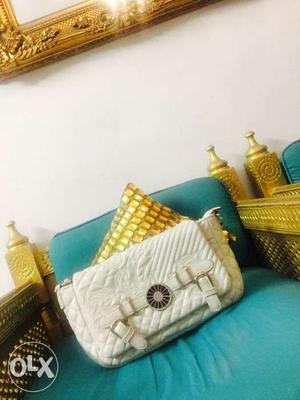 White Hand Bag with Golden Sling