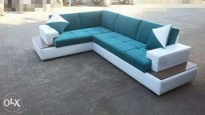 Corner design sofa set blue color fabric side handle polish