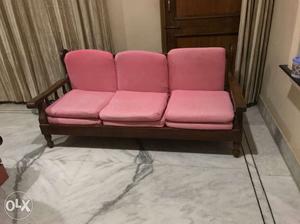 Pink 3-seat Sofa With Brown Wooden Base