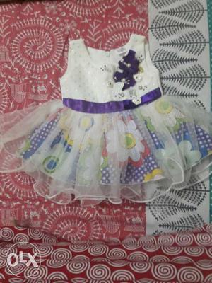 Girl's White And Purple Floral Sleeveless Dress