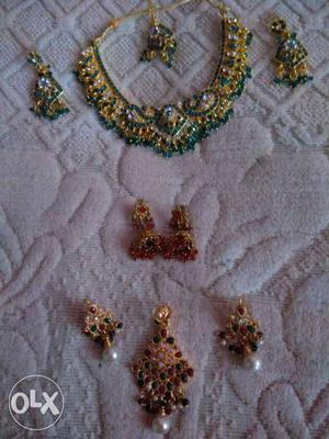 Gold And Green Floral Bib Necklace With Earrings