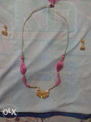 Gold And Pink Necklace With Pair Of Jhumka Earrings Jewelry