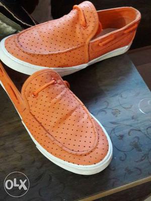 Pair Of Orange Polka Dot Print Boat Shoes