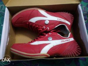 Pair Of Red-and-white Columbus Shoes In Box