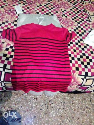 Pink And Black Striped Crewneck T-shirt And Gray Pants
