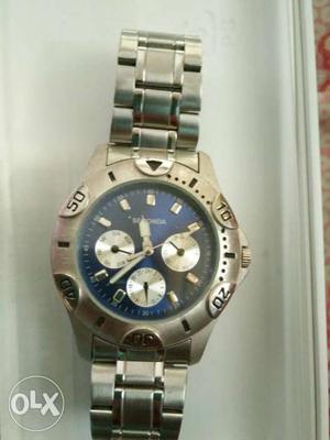 Round Blue Chronograph Watch With Silver Link