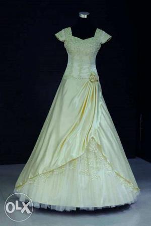 Satin bridal gown with in skirt, veil and gloves