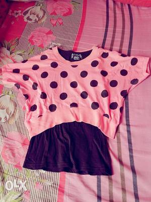 Women's Black And Pink Polka Dots Sleeved Shirt