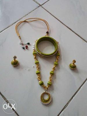 Women's Green And Gold Silk-thread Jewelry Set