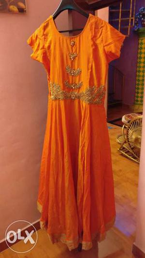 Women's Orange Scoop Neck Short Sleeve Maxi Dress