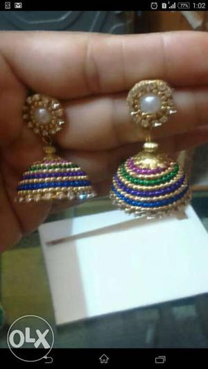 Women's Pair Of Gold-and-blue Beaded Earrings