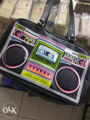 Black, Pink And Green Boombox Leather Tote Bag