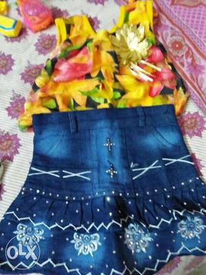 Blue Denim Floral Skirt; Yellow And Green Floral Tank Top