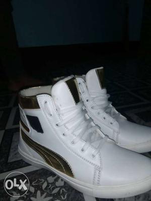 Brand new low price Pair Of White-and-gold High Top Sneakers