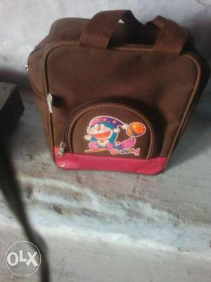 Brown And Red Tote Bag With Doraemon Print