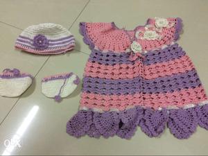Children Pink And Purple Crochet Dress And White Purple Cap