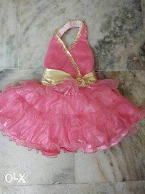 Girl's Pink And Beige Satin Ruffle Halter A Line Dress