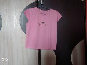 Girl's Pink Crewneck Cap-sleeve Shirt