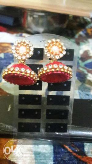 Gold And Red Jhumka Earrings