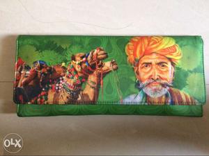 Green And Brown Leather Man And Camel Print Long Wallet