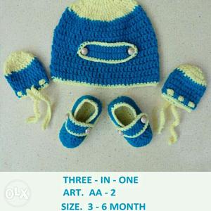 Green-and-yellow Knitted Beanie With Gloves And Shoes