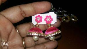 Pair Of Gold-and-pink Silk-thread Dangling Earrings