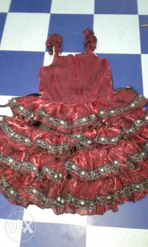 Red And Gray Sleeveless Ruffled Dress