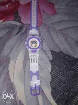Round White And Purple Digital Watch