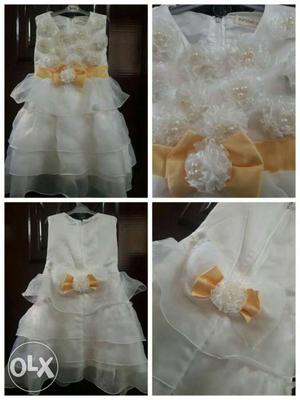 Toddler's White And Golden Sleeveless Layer Dress for 3yrs