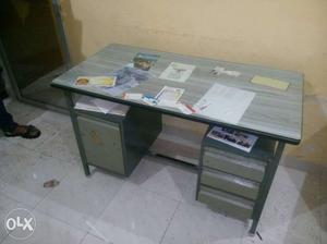 Gray Wooden Top Double Pedestal Desk With Black Steel Base