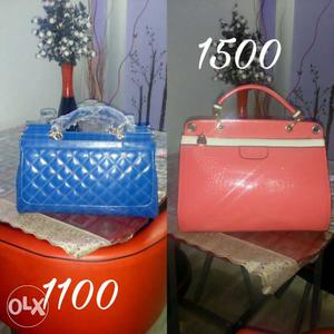 Two Blue And Pink Leather Handbags Photo Collage
