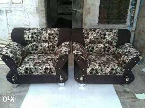 Two Gray And Black Floral Print Suede Armchairs